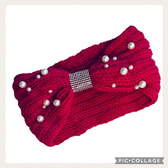 NWT HP Cranberry Red Pearl Rhinestone Knitted Winter Headband - Picture 6 of 6